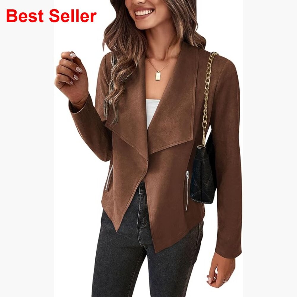 Faux Suede Cropped Jacket With Waterfall Collar And Open Front